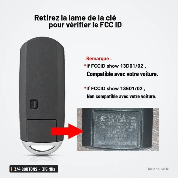Clé télécommande 315 MHz 3/4 boutons pour Mazda 3, 6, CX-5, CX-3, puce ID49 - clé avec flèche pointant une étiquette