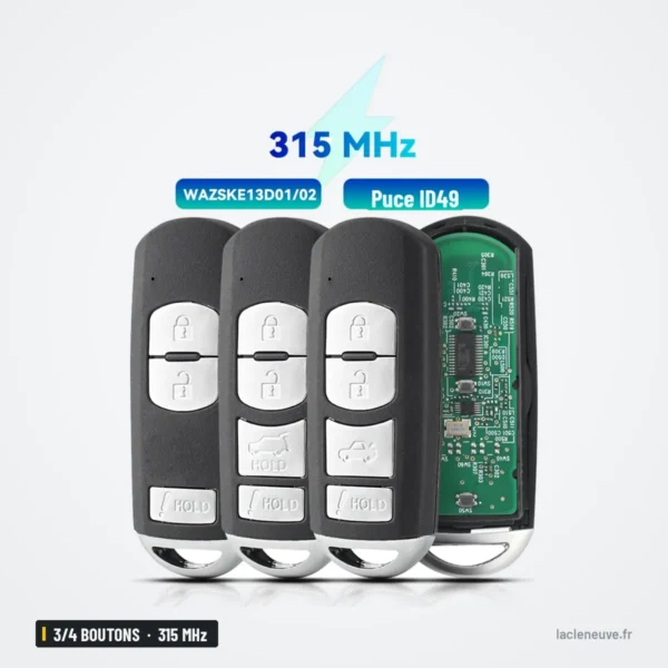 Clé télécommande 315 MHz 3/4 boutons pour Mazda 3, 6, MX-5, CX-5 - trois télécommandes côte à côte avec circuit