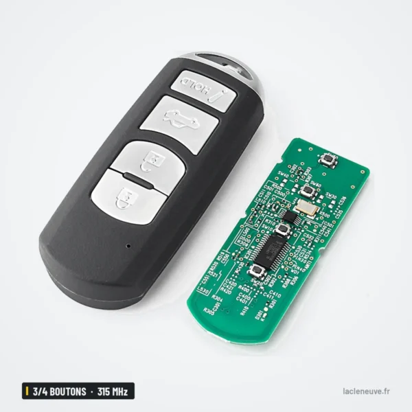 Clé télécommande 315 MHz 3/4 boutons pour Mazda 3, 6, MX-5, CX-5 - vue de face avec circuit imprimé à côté
