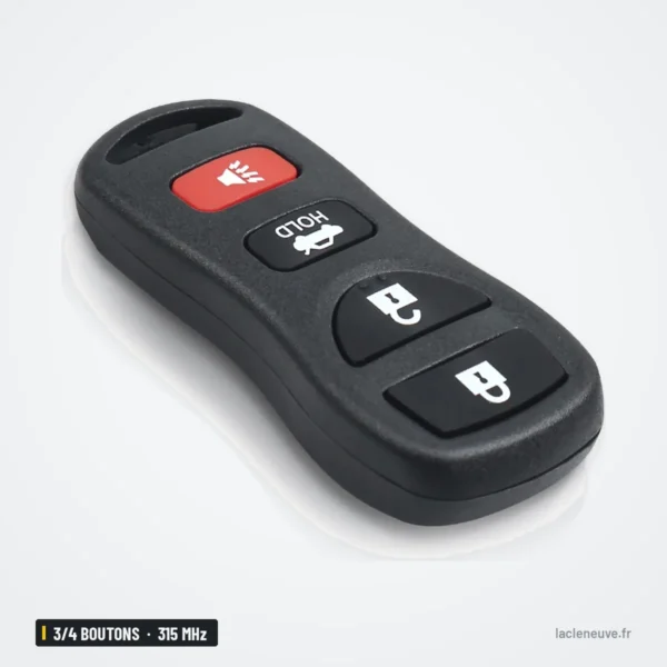 Clé télécommande 315 MHz 3/4 boutons pour Nissan Altima, Maxima, Armada - vue de face, bouton rouge en haut