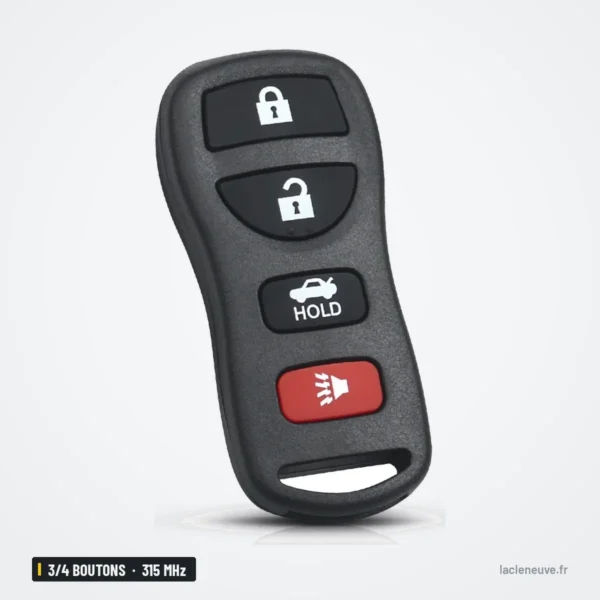 Clé télécommande 315 MHz 3/4 boutons pour Nissan Pathfinder, Murano, puce ID46 - vue de face, quatre boutons dont hold