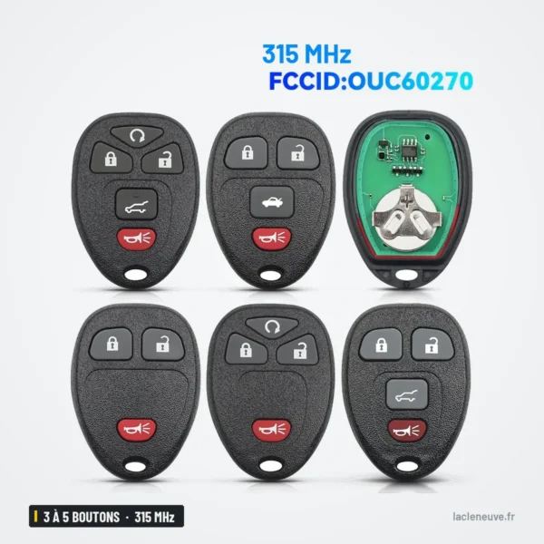 Clé télécommande 315 MHz 3 à 5 boutons pour Chevrolet Silverado, GMC Sierra - plusieurs télécommandes alignées avec circuit