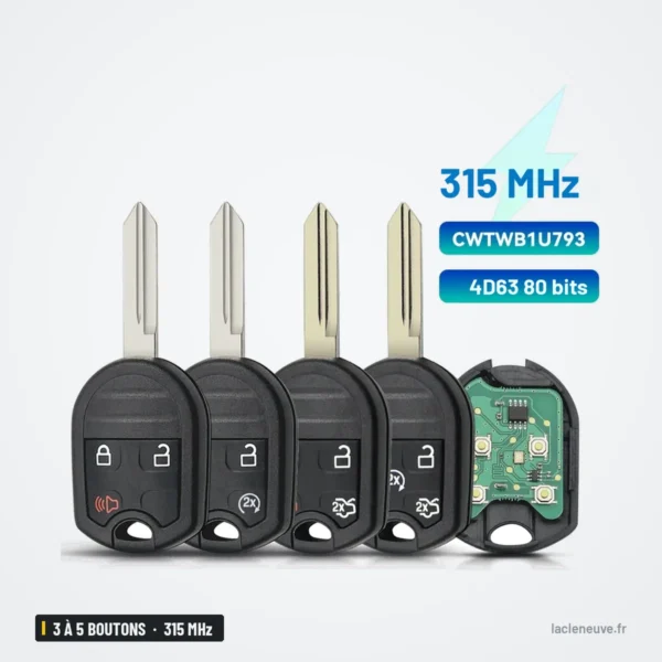 Clé télécommande 315 MHz 3 à 5 boutons pour Ford Explorer, F-150, puce 4D63 - quatre clés alignées, étiquette technique