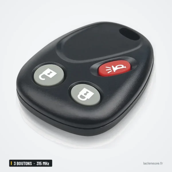 Clé télécommande 315 MHz 3 boutons pour Chevrolet, Cadillac, GMC, Hummer - vue de face inclinée, bouton panique visible
