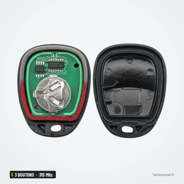 Clé télécommande 315 MHz 3 boutons pour Chevrolet Silverado, Tahoe, GMC Yukon - coque ouverte, circuit et pile visibles