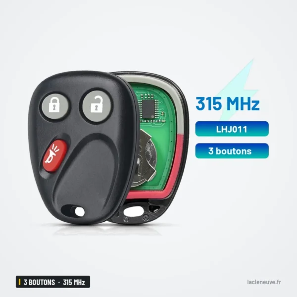 Clé télécommande 315 MHz 3 boutons pour Chevrolet Tahoe - boîtier ouvert, circuit imprimé visible recto verso