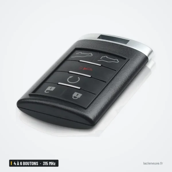 Clé télécommande 315 MHz 4 à 6 boutons pour Cadillac Escalade, CTS, DTS - vue de trois quarts, boutons visibles