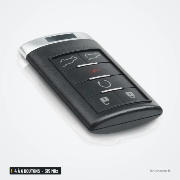 Clé télécommande 315 MHz 4 à 6 boutons pour Cadillac Escalade, CTS, DTS - vue de trois quarts, côté opposé
