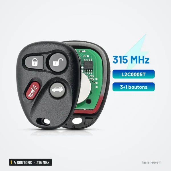 Clé télécommande 315 MHz 4 boutons pour Chevrolet Cavalier, Cadillac CTS, SRX - deux exemplaires superposés, vue de face