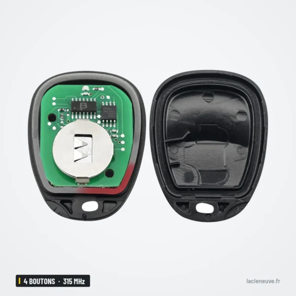 Clé télécommande 315 MHz 4 boutons pour Chevrolet Cavalier, Cadillac CTS, SRX - coque ouverte, circuit et pile visibles