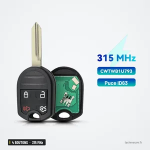 Clé télécommande 315 MHz 4 boutons pour Ford Edge, Escape, Explorer, puce 4D63 - vue de face avec circuit électronique à côté