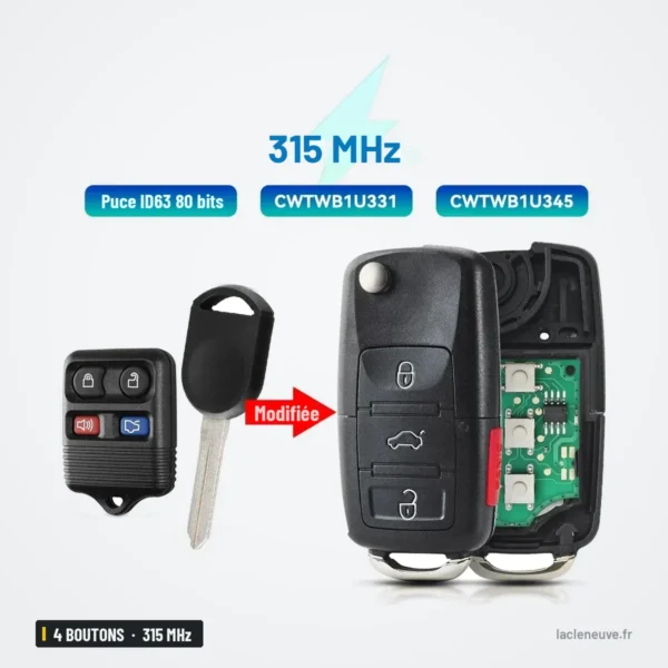 Clé télécommande 315 MHz 4 boutons pour Ford Focus, Explorer, puce ID63 - comparaison clé d'origine et clé transformée
