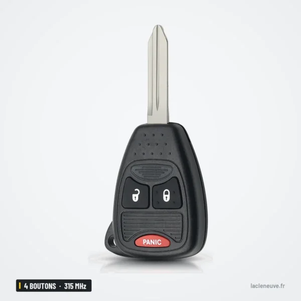 Clé télécommande 315 MHz 4 boutons pour Jeep Compass, Wrangler, Dodge Dakota - vue de face, boutons et bouton panique