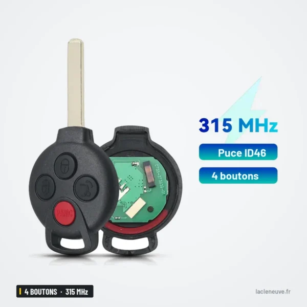 Clé télécommande 315 MHz 4 boutons pour Mercedes-Benz Smart Fortwo - deux clés télécommande avec lame et puce visibles