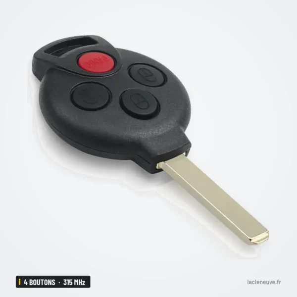Clé télécommande 315 MHz 4 boutons pour Mercedes-Benz Smart Fortwo, puce ID46 - vue de trois quarts, lame repliée visible