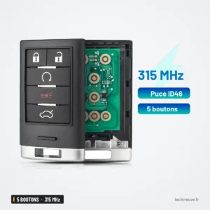 Clé télécommande 315 MHz 5 boutons pour Cadillac CTS, STS, puce ID46 - coque ouverte avec circuit et boutons visibles