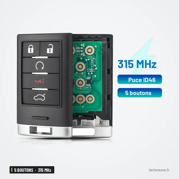 Clé télécommande 315 MHz 5 boutons pour Cadillac CTS, STS, puce ID46 - coque ouverte avec circuit et boutons visibles