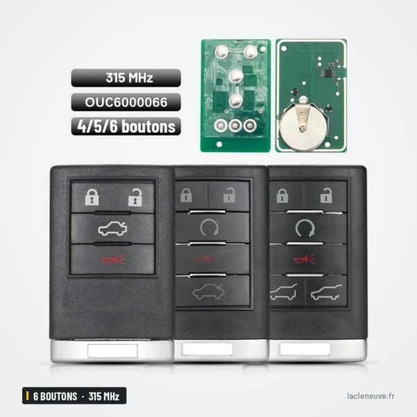 Clé télécommande 315 MHz 6 boutons pour Cadillac Escalade, CTS, DTS - trois télécommandes côte à côte avec circuit et pile
