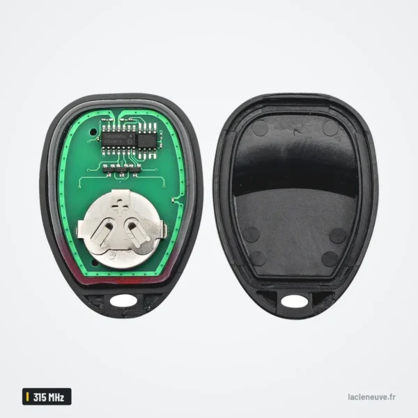Clé télécommande 315 MHz pour Chevrolet Avalanche, Silverado, GMC Sierra - coque ouverte montrant circuit et emplacement pile