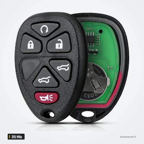 Clé télécommande 315 MHz pour Chevrolet Silverado, GMC Sierra, puce ID46 - vue de face, six boutons et circuit imprimé à côté