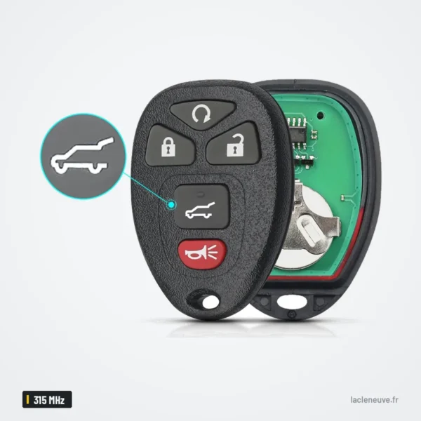 Clé télécommande 315 MHz pour Chevrolet Silverado, GMC Sierra, puce ID46 - vue de face, six boutons avec pictogramme hayon