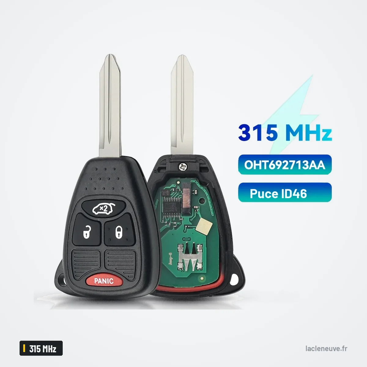 Clé télécommande 315 MHz pour Chrysler Sebring, Pacifica, 300, puce ID46 - deux clés côte à côte avec circuit visible