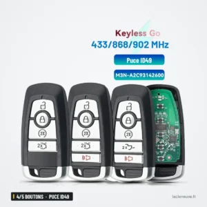 Clé télécommande 4/5 boutons pour Ford Mustang, Ranger, Explorer - trois télécommandes alignées avec étiquette technique