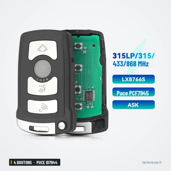 Clé télécommande 4 boutons pour BMW Série 7 745i, 750i, 760i, puce ID7944 - coque ouverte montrant le circuit imprimé