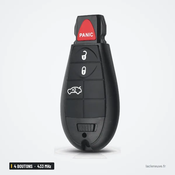 Clé télécommande 4 boutons pour Chrysler 300, Dodge Challenger, 433 MHz - vue de face, bouton d'alarme en haut