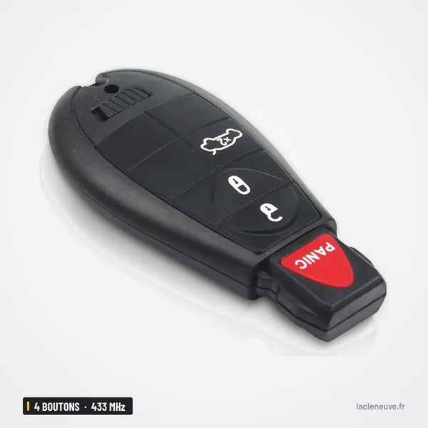 Clé télécommande 4 boutons pour Chrysler 300, Dodge Challenger, 433 MHz - vue de face en biais, quatre boutons visibles
