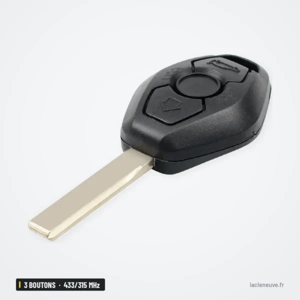 Clé télécommande 433/315 MHz 3 boutons pour BMW Série 3, 5, 7, X5, puce ID44 - vue de face, lame rentrée