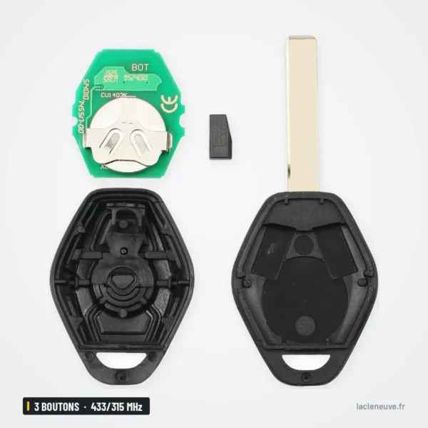 Clé télécommande 433/315 MHz 3 boutons pour BMW Série 3, 5, 7, X5, puce ID44 - coque ouverte en deux parties avec lame