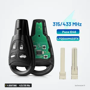 Clé télécommande 433/315 MHz 4 boutons pour Saab 9-3, 9-5, puce ID46 - coque ouverte avec circuit imprimé et deux lames