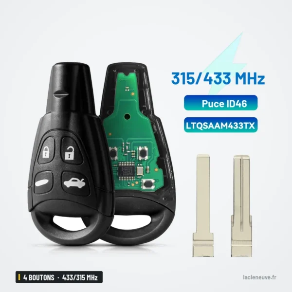 Clé télécommande 433/315 MHz 4 boutons pour Saab 9-3, 9-5, puce ID46 - coque ouverte avec circuit imprimé et deux lames