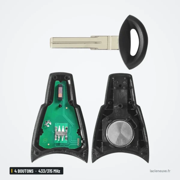 Clé télécommande 433/315 MHz 4 boutons pour Saab 9-3, 9-5, puce ID46 - coque ouverte avec circuit et pile, lame à côté