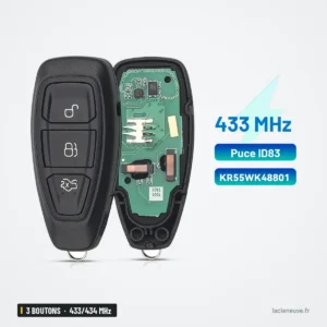 Clé télécommande 433/434 MHz 3 boutons pour Ford Focus, Mondeo, Kuga, puce 4D83 - coque ouverte, circuit et pile visibles