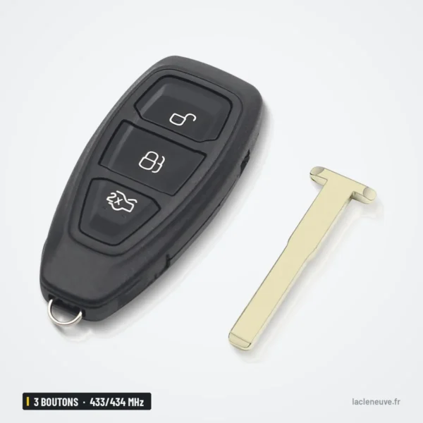 Clé télécommande 433/434 MHz 3 boutons pour Ford Focus, Mondeo, Kuga, puce 4D83 - lame détachée posée à côté