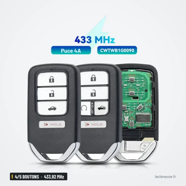 Clé télécommande 433,92 MHz 4/5 boutons pour Honda Fit, Jazz, HR-V, puce 4A - trois clés alignées, une ouverte avec circuit