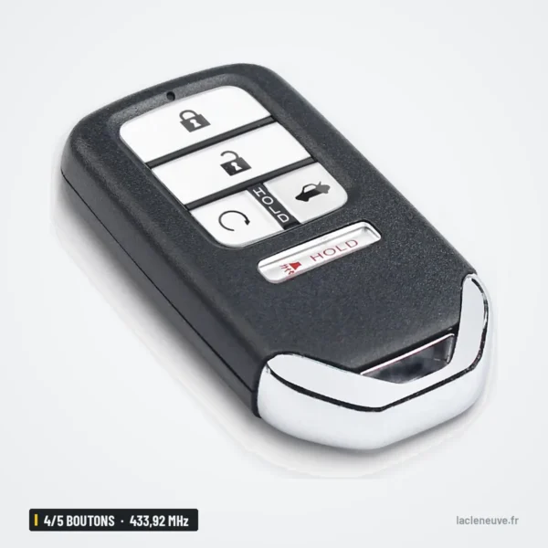 Clé télécommande 433,92 MHz 4/5 boutons pour Honda Fit, Jazz, HR-V, puce 4A - vue de face en angle, boutons visibles
