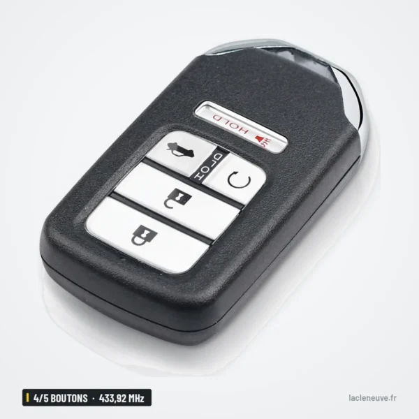 Clé télécommande 433,92 MHz 4/5 boutons pour Honda Fit, Jazz, HR-V, puce 4A - dos de la coque, vue en angle