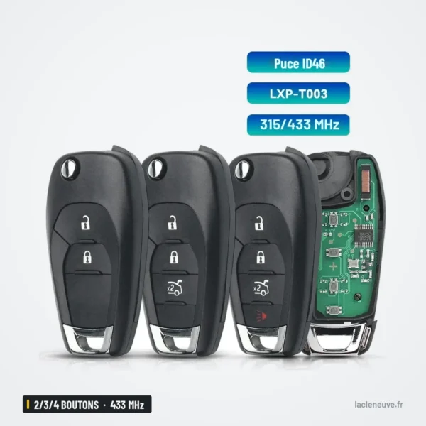 Clé télécommande 433 MHz 2/3/4 boutons pour Chevrolet Cruze, Spark - trois modèles alignés, circuit électronique visible