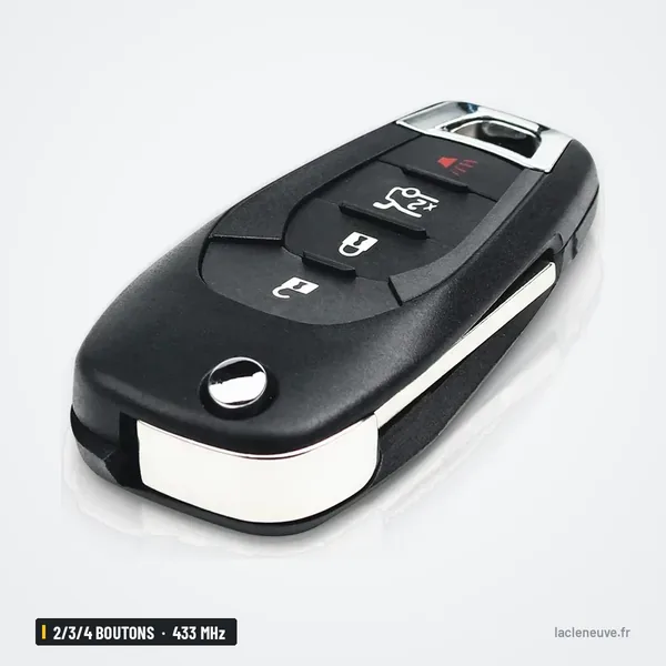 Clé télécommande 433 MHz 2/3/4 boutons pour Chevrolet Cruze, Spark, puce ID46 - vue de face, lame rentrée dans le corps