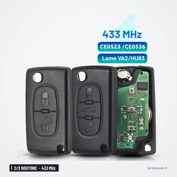 Clé télécommande 433 MHz 2/3 boutons pour Citroën C1, C3, C4, Peugeot 307 - coque, circuit et étiquette technique côte à côte
