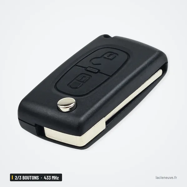 Clé télécommande 433 MHz 2/3 boutons pour Citroën C1, C3, C4, Peugeot 307 - vue de face, lame repliée