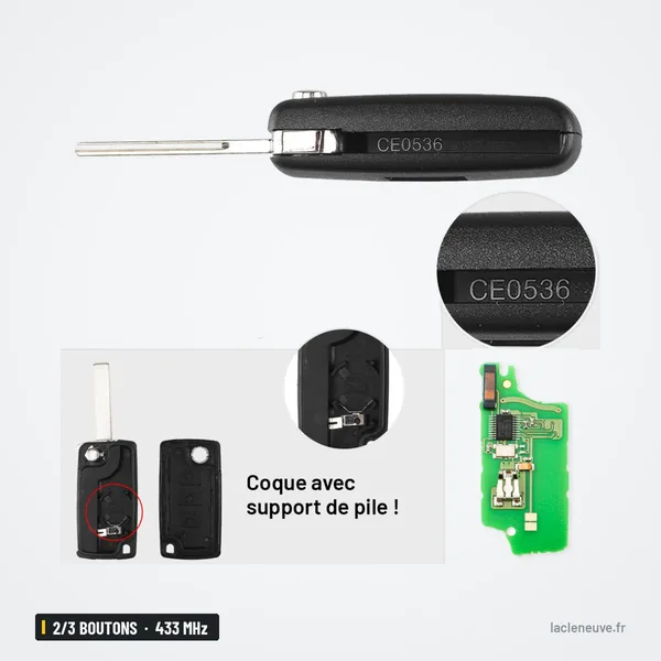 Clé télécommande 433 MHz 2/3 boutons pour Citroën C1, C3, C4, Peugeot 307 - pièces détachées avec référence gravée