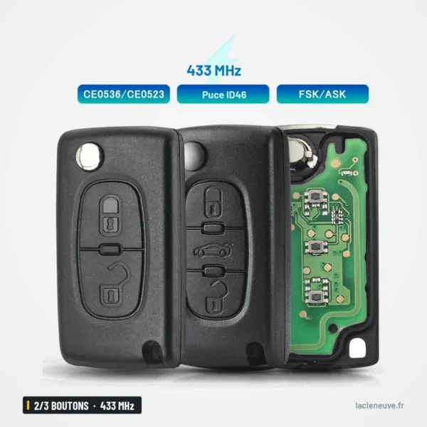 Clé télécommande 433 MHz 2/3 boutons pour Citroën C5, C3, Berlingo - vue éclatée, circuit électronique et lame visibles