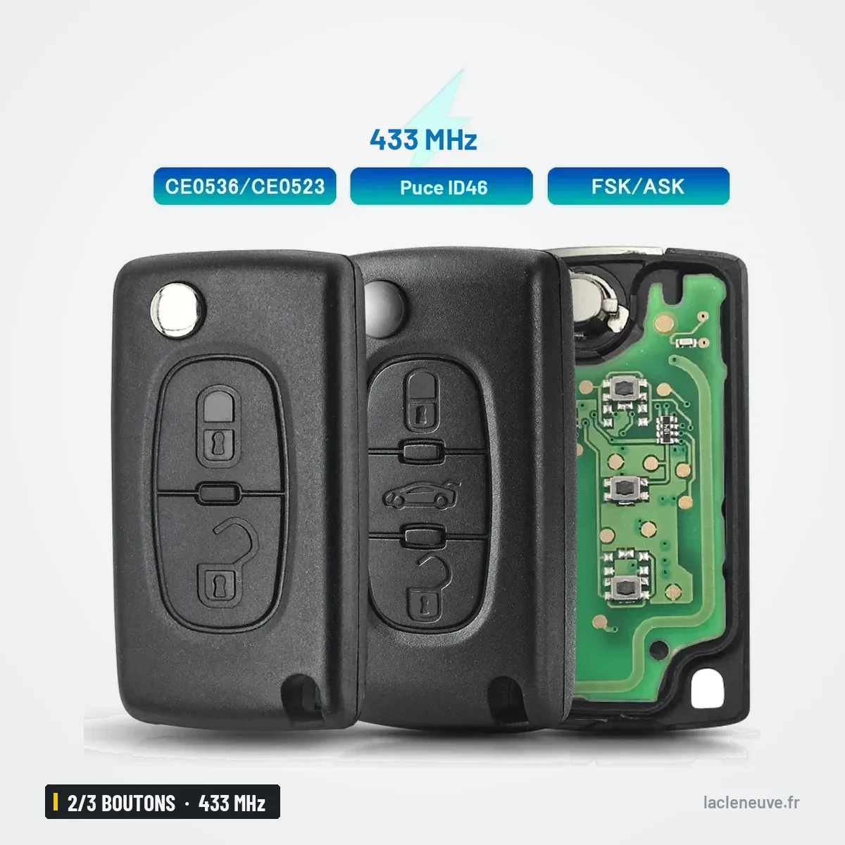 Clé télécommande 433 MHz 2/3 boutons pour Citroën C5, C3, Berlingo - vue éclatée, circuit électronique et lame visibles Clé télécommande 433 MHz 2/3 boutons pour Citroën C5, C3, Berlingo - vue éclatée, circuit électronique et lame visibles
