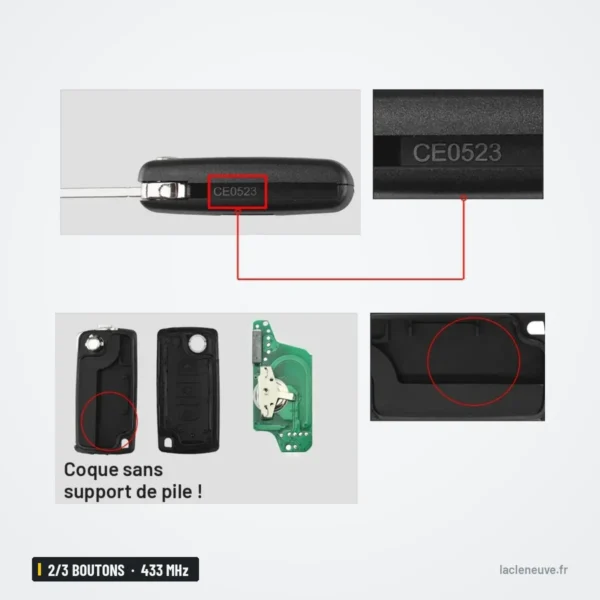 Clé télécommande 433 MHz 2/3 boutons pour Citroën C5, C3, Berlingo, puce ID46 - gros plan sur la référence gravée sur la lame