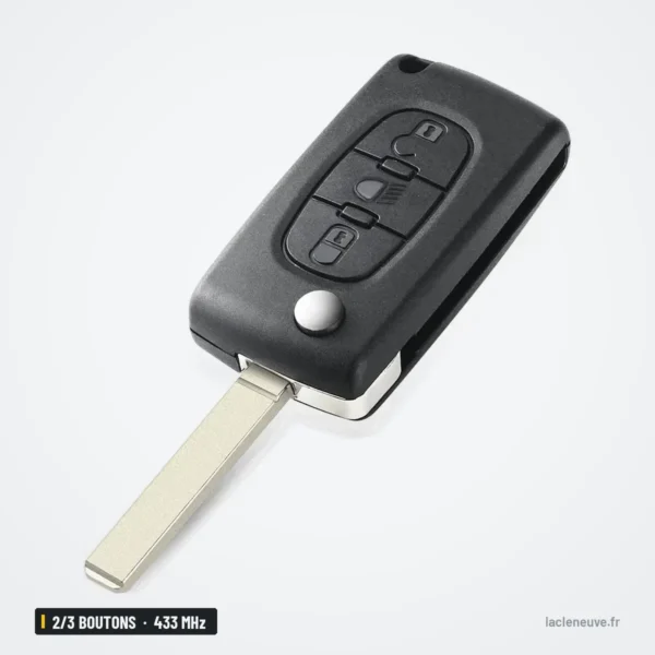 Clé télécommande 433 MHz 2/3 boutons pour Citroën C5, C3, Berlingo, puce ID46 - vue de trois quarts, boutons et lame repliée