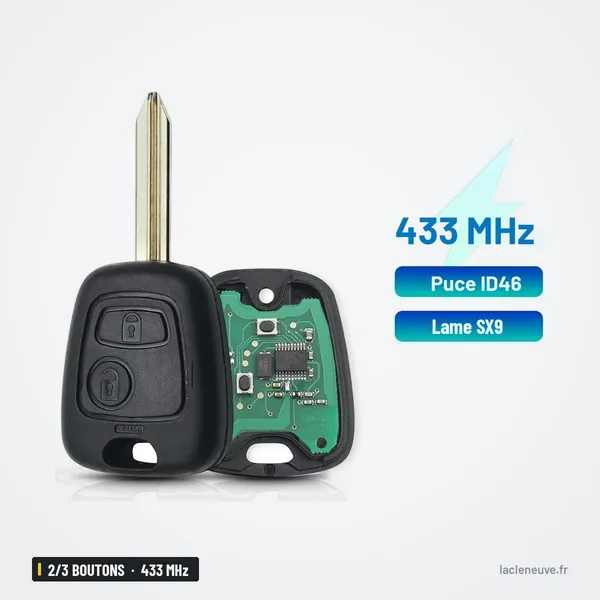 Clé télécommande 433 MHz 2/3 boutons pour Citroën Xsara, Berlingo, puce ID46 - clé et boîtier ouvert, circuit visible